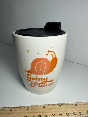 Travel mug 7.5 oz Going Places White Ceramic Travel Mug clay art Orange Snail